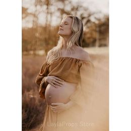 Two Piece Set Maternity Gown Beige One Size Women's Boho Dress Muslin Vintage Sequin Top Skirt Pregnancy Photo Shoot Session