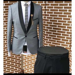 Men's Suits Tailor Slim Fit Men Grey Blazer Black Shawl Lapel Pants 2 Piece Formal Office Work Groomsmen Outfits Costume Homme