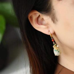 Dangle Earrings Natural Hetian Jade Female S925 Sterling Silver Inlaid Water Drop Retro Ethnic Style Gift For Ie