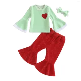 Clothing Sets Pudcoco Infant Girls Christmas 3PCS Pants Long Sleeve Heart Print Tops Solid Colour Flared Headband 6M-3T