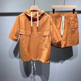 Men's Tracksuits American Summer Safari Pocket Suits Japan Hooded Cargo Shirt Shorts Capris Men Loose Solid Short Sleeve Jacket Punk