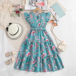 Girl's Dresses 8-12Ys Printed Long Dress Belt Summer Retro Floral Elegant Princess Girl Dress Loose Comfortable Pastoral Style Dress