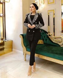 신부 정장의 블랙 다이아몬드 어머니 세트 2 피스 구슬 웨딩 게스트 복장 맞춤형 이중 가슴 공식 재킷과 바지 0516