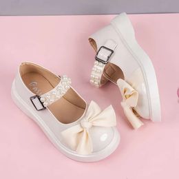 Children Princess Lolita Toddlers Pearl Bow Single Fashion Girl Leather Glossy Kids Mary Jane Shoes for Party L2405 L2405