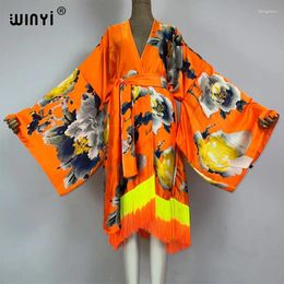 Kimono Boho Fashion Summer Beachwear Bohemian Print Bikini Cover-up Cardigan Sexy Holiday Long Sleeve Tassels Dress