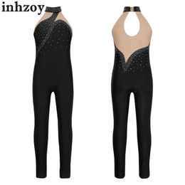 Dancewear Kids Girl łyżwiarka figurowa Balet Balet Dance Acrobatics Gymnastyczny joga bez rękawów Błysny Rhinestone Bodysuit DanceWearl240502