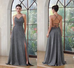 Reflective Silver Grey Side Split Evening Dresses With Pocket Sequined V Neck Criss Cross Backless A Line Women Occasion Party Gowns Prom Dress Custom Made BM3218