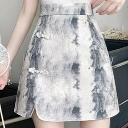 Skirts ZXRYXGS 2024 Ink Wash Printing Halo Dyeing Plate Buckle Wrap Buttocks Short Skirt Women Split Tie Dye One Step Elegant