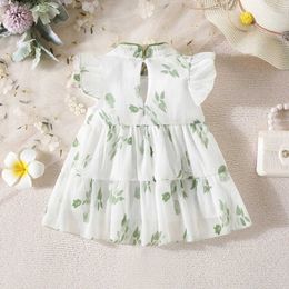 Girl's Dresses Summer New Girl Baby Dress Hand-painted Green Light and Thin Mesh Flower Small Flying Sleeves Chinese Sweet Princess Dress