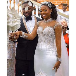 African Long Sleeves High Neck Satin Summer Lace Dresses Ideas Beaded Crystal Mermaid Custom Wedding Gown 2024