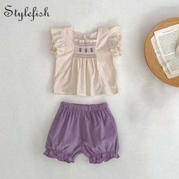 Clothing Sets Summer 0-3 Years Old Baby Boys And Girls Fashion Simple Flying Sleeve Embroidered Top Bag Short Pants 2