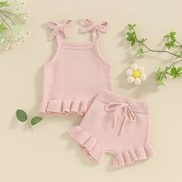 Soft Knitted Baby Girl Clothing Cute Baby Clothing Solid Sleeveless Kami Top with Elastic Waist Shorts 2-piece Crochet Childrens Set 240428