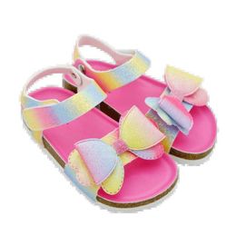Sandals 2024 New Kids Girls Sandals Flat Shoes Cork Casual Colorful Bling Bow Fashion 1-12Years Old High Quality Wholesale Y240515