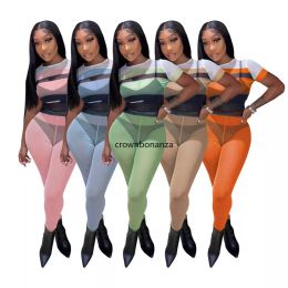 NEW Designer Summer Sexy Tracksuits Women Short Sleeve Sheer T-Shirt Top and Mesh Pants Two Piece Sets Casual Sportswear Night Club Wear Wholesale Clothes