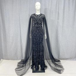 Party Dresses UmeLuxury Beaded Mermaid Black Evening Dress With Cape Sleeves Elegant Arabic Women Wedding Prom