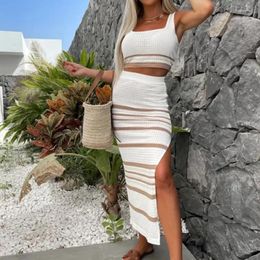 Work Dresses Women Summer Beach Outfits Sexy Split Striped Knitted Two Piece Set Casual Sleeveless O-neck Crop Top Bodycon Long Skirt Suits