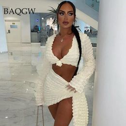 Work Dresses Solid Stacked Summer Two Piece Set Beach Long Sleeve Crop Top Shirts And Bandage Skirts Sexy Women 2pc Sets Party Outfits Club