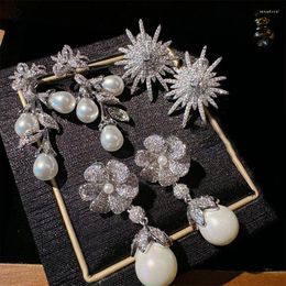 Dangle Earrings Women Wedding Garment Accessories Fine Pearl Fashion Charm Silver Metal Inlaid White Gems Zircon Flower Ear-studs