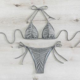 Women's Swimwear Sexy Triangle Push Up Bikini Silver Glitter Ruched Bikinis Women Tied String Brazilian Swimsuit Wrinkled Bathing Suits