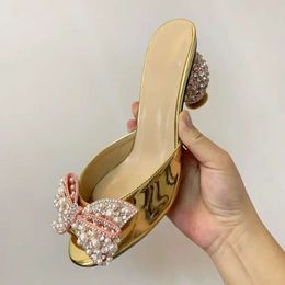 women Ladies 2024 Genuine real leather high heels summer sandals bead 3D flower Flip-flops slipper slip-on wedding dress Gladiator shoes diamond Ballots bow tie f898