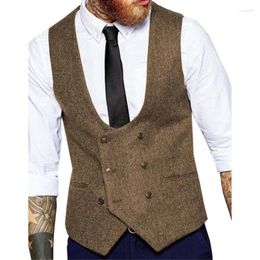 Men's Suits Business Brown Men Slim Waistcoat Wool Herringbone Tweed Suit Vests Custom Made Double Breasted Jacket For Wedding Groom