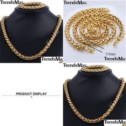 Jewelry Settings Trendsmax Brand Set 9.5Mm Gold-Color Wheat Braided Link Stainless Steel Necklace Bracelet Mens Girls Chain Fashion Ks Otckr