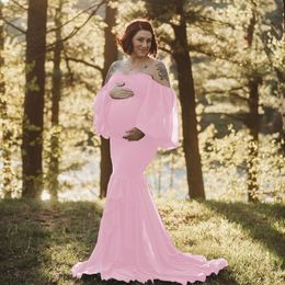 Sexy Chiffon Off Shoulder Maternity Dresses Photoshoot Ruffles Pregnancy Maxi Gown Pregnant Women for Photography Baby Shower