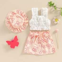 Clothing Sets Cute Baby Girl Kids Summer Outfits Sleeveless Crop Tank Tops Floral Bow Belted Mini Skirt Sun Hat Beach Vacation Infants