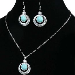 Wedding Jewelry Sets Retro Blue European and American Necklace Earrings Set Crystal Womens Stone Pendant Gifts