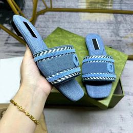 G Sandal Designer Shoes Women Sandals Slides Beach Flat Slippers Denim Light Thick Bottom Blue Script Embroidered Summer Fall Mules Outdoor Waterproof 906