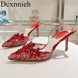 Sandals 2024 Summer Crystal Decoration Thin High Heel Women's Pointed Lace Sweet Fairy Shoes Banquet Dress