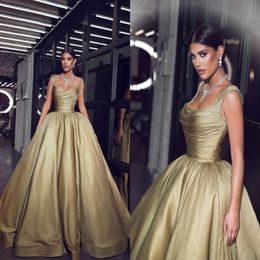 2019 Gold Square Neck Evening Dresses Floor Length Prom Party Gown Ruched Ball Gown Formal Occasion Dresses 198Z