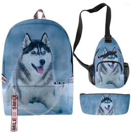 Backpack Hip Hop Funny Husky 3D Print 3pcs/Set School Bags Multifunction Travel Chest Bag Pencil Case