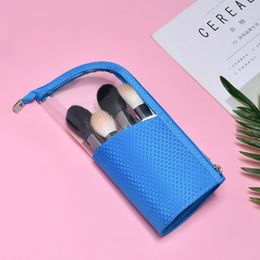 Brush Holder Fashion Zipper Closure Half Transparent Waterproof Cosmetic Pencil Case Organizer Portable Stand-up Makeup Bag 326W