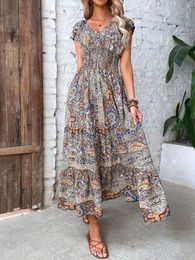 Casual Dresses Vintage Fashion Short Puff Sleeve V Neck High Waist Vacation Dress Y2K Clothes Women Elegant Corset Bohemian