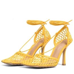 Women Real Ladies Leather Genuine 2024 High Heels Sandals Summer Square Toe Weave Knit Plait Wedding Dress Gladiator Cross-tied Lace-up Sexy Shoes Yellow Size d a7ff