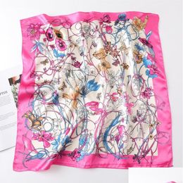 Scarves 60X60Cm Retro Designer Flower Print Floral Headband For Women Fashion Long Handle Bag Paris Shoder Tote Lage Ribbon Head Wraps Ot5Nx