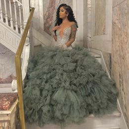 Dresses Stunning Beaded Crystals Prom Dresses Mermaid Long Sleeves Evening Gowns Sheer Jewel Neck Tulle Ruffled Special Occasion Formal We