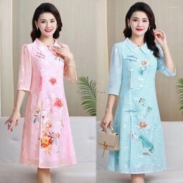 Ethnic Clothing 2024 Summer Chiffon Improved Cheongsam Dress Retro National Style Flower Embroidery Loose Casual Women Daily Qipao W413