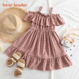 Bear Leader Jacquard Baby Girls Dresses Casual Ruffles Suspender Kids Clothes Solid Color Boat Neck A-line Princess Dress L2405