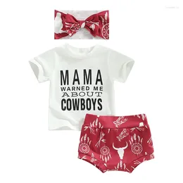 Clothing Sets Toddler Infant Baby Girls Outfits Summer Letter Print Short Sleeve T-shirt And Cow Head Shorts Headband Set