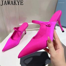 Slippers 2024 Summer Fashion Pointed Toe Satin Thin High Heels For Women Brand Slip On Mules Sexy Runway Party Pumps Shoes Femme