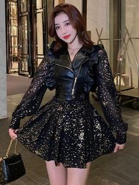 Work Dresses Fashion 2 Piece Outfit Women Y2K Chic Casual Sexy Leather Vest Tank Coat Sparkly Gold Print Mini Dress Party Club Street Sets