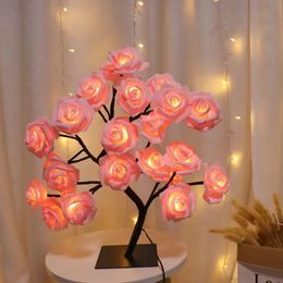 24 LED Rose Tree Lights USB Plug Table Lamp Fairy Flower Night Light For Home Party Christmas Wedding Bedroom Decoration Gift 240516