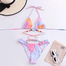 Women's Swimwear Beaded Rings Bikinis Sets Y2K Print Swimsuit Halter String Backless Micro Bikini Vacation Women Beach Bathing Swim Suit