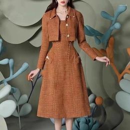 Work Dresses Autumn Winter Women Luxury Designer Lady Temperament Slim Tweed Short Jacket Brown Sexy Suspender Dress 2 Piece Suit