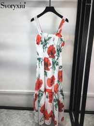 Casual Dresses Svoryxiu Summer Fashion Designer Flower Print Vintage Spaghetti Strap Midi Dress Women Square Collar Ruffles Elastic Waist