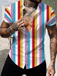 Men's Casual Shirts Vintage Color Striped 3D Digital Printed Shirt Fashion Summer Loose Comfortable Short Sleeve