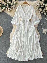 Casual Dresses Spring Summer White Beach Dress Women Sexy V-neck French Elegant Long Ladies 3/4 Sleeve A-line Embroidered Robe