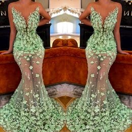 2020 Green Evening Dresses 3D Floral Applique Mermaid Sweep Train Sheer Neck Illusion Bodice Jewel Beaded Custom Made Prom Party Gown 308o